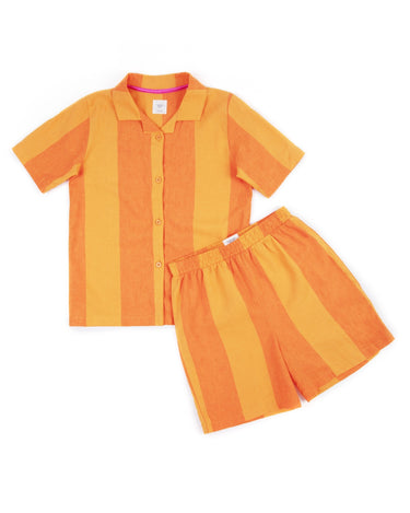 Kids' Linen-Mix Orange Tonal Stripe Print Revere Collar Button Up Short Pyjama Set